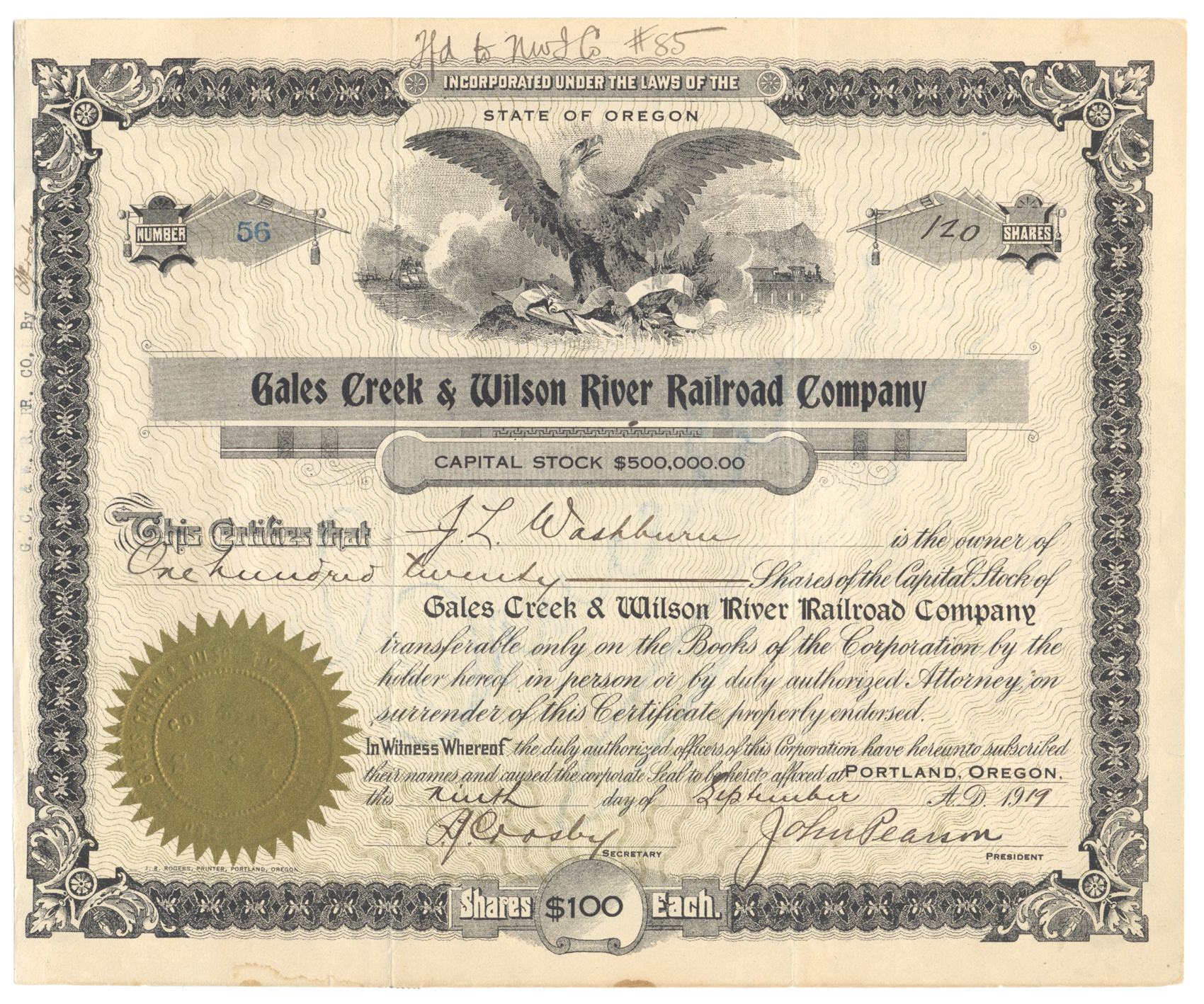 Gales Creek Wilson River Railroad Co. Stock Certificate Ghosts