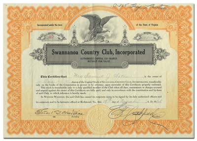 Swannanoa Country Club, Incorporated Stock Certificate