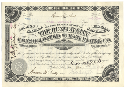 Denver City Consolidated Silver Mining Company Stock Certificate Signed by Whitaker Wright