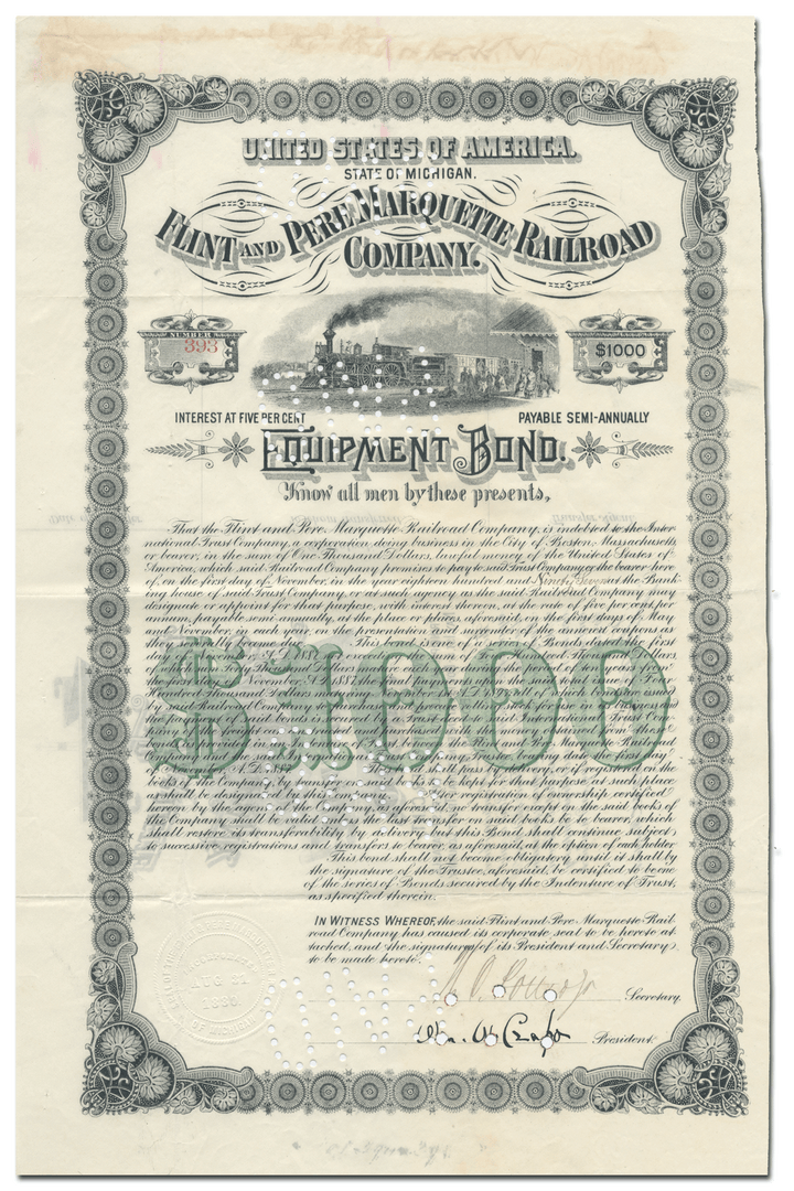 Flint and Pere Marquette Railroad Company Bond Certificate
