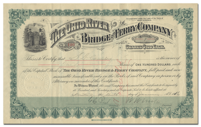 Ohio River Bridge and Ferry Company Stock Certificate