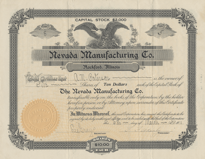 Nevada Manufacturing Co. Stock Certificate