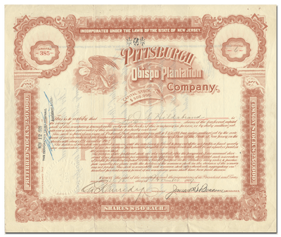 Pittsburgh Obispo Plantation Company Stock Certificate
