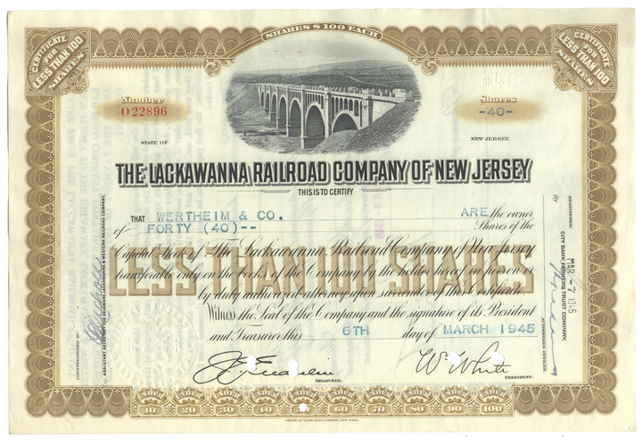 Lackawanna Railroad Company of New Jersey Stock Certificate