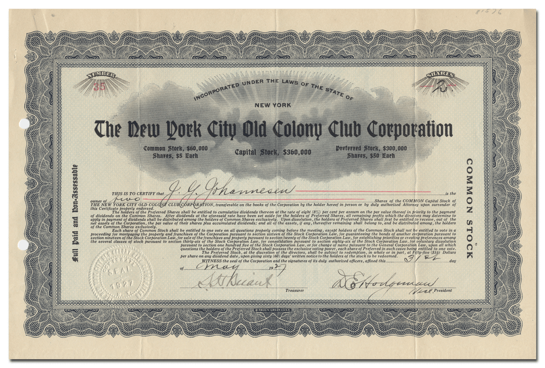 New York City Old Colony Club Corporation Stock Certificate