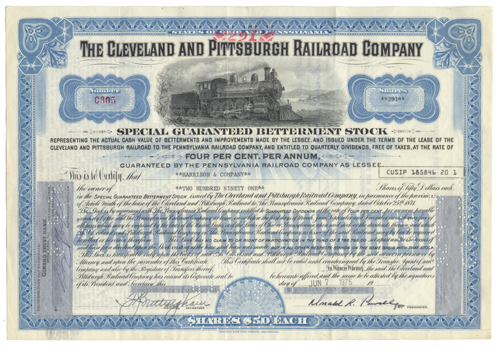 Cleveland and Pittsburgh Railroad Company Stock Certificate