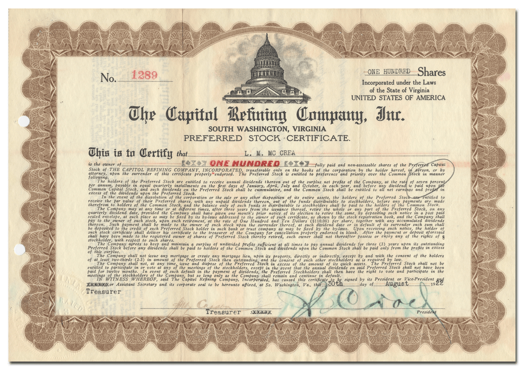 Capitol Refining Company, Inc. Stock Certificate
