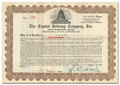 Capitol Refining Company, Inc. Stock Certificate