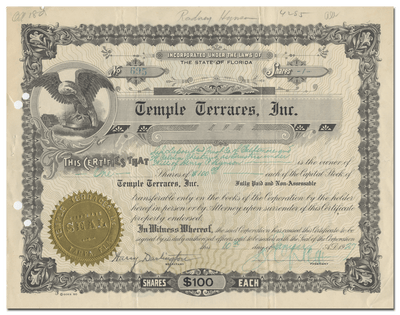 Temple Terraces, Inc. Stock Certificate Signed by D. Collins Gillett