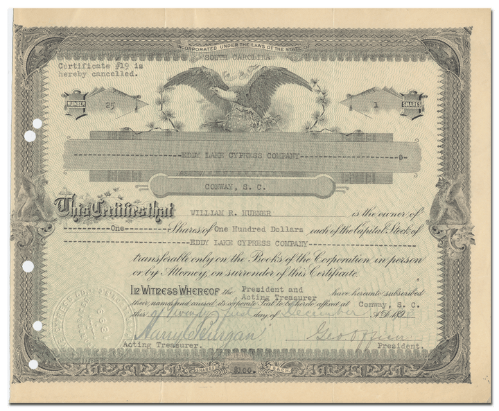 Eddy Lake Cypress Company Stock Certificate