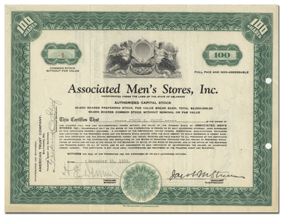 Associated Men's Stores, Inc. Stock Certificate (Certificate #1)