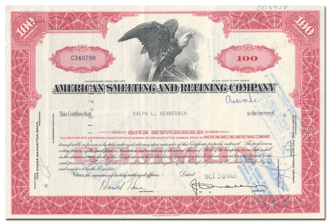 American Smelting and Refining Company Stock Certificate