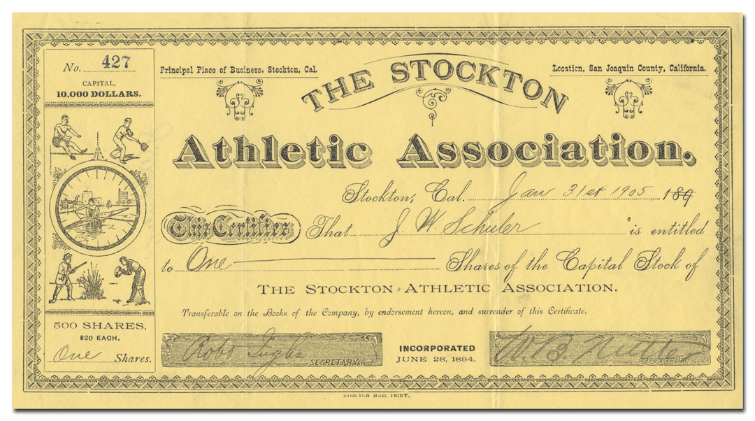 Stockton Athletic Association Stock Certificate