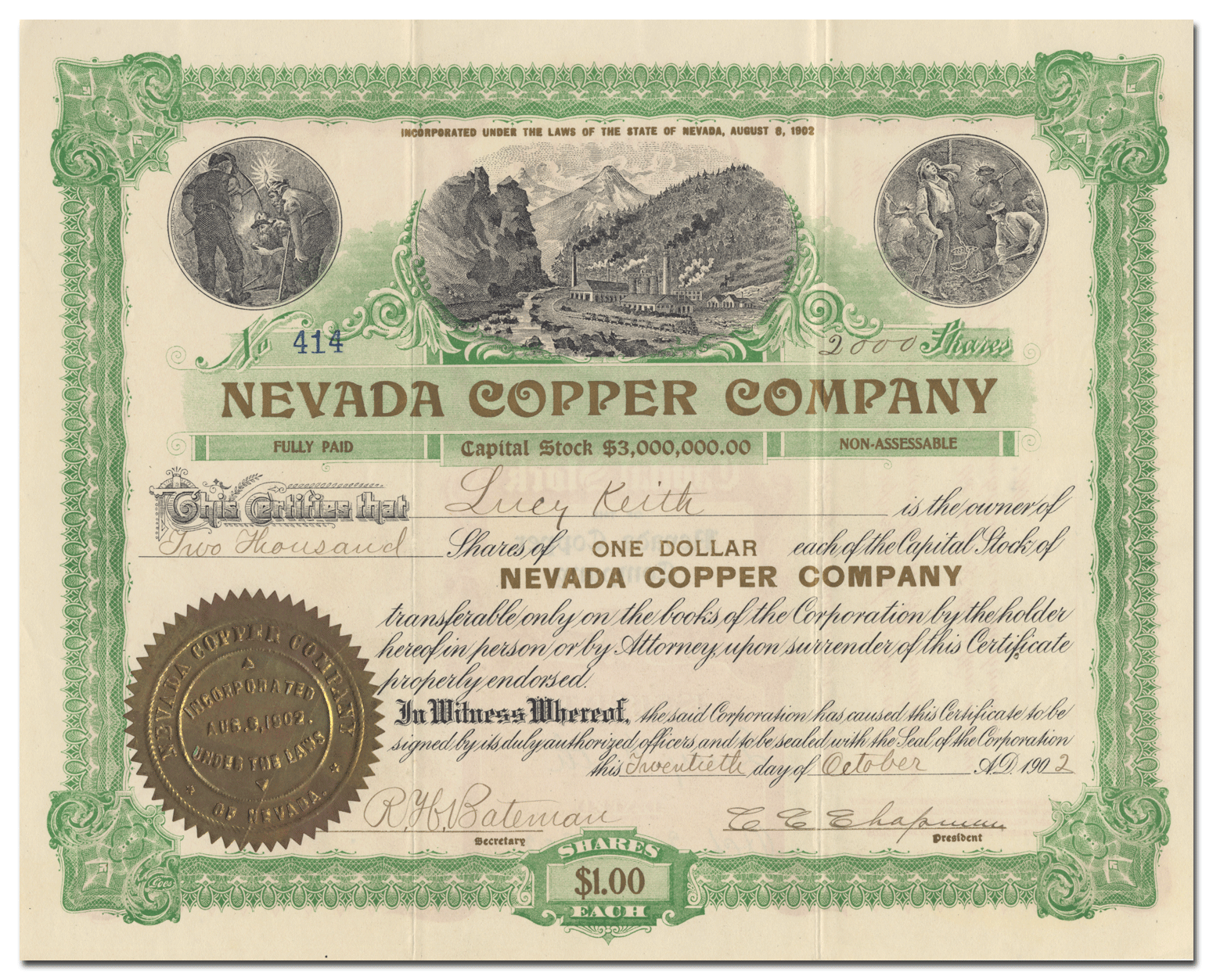 Nevada Copper Company Stock Certificate Ghosts of Wall Street