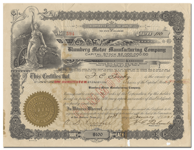 Blumberg Motor Manufacturing Company Stock Certificate
