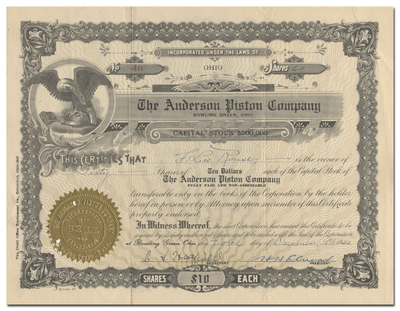 Anderson Piston Company Stock Certificate