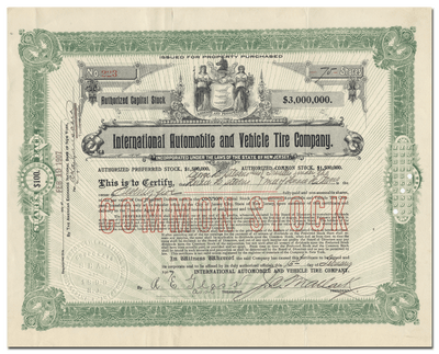 International Automobile and Vehicle Tire Company Stock Certificate