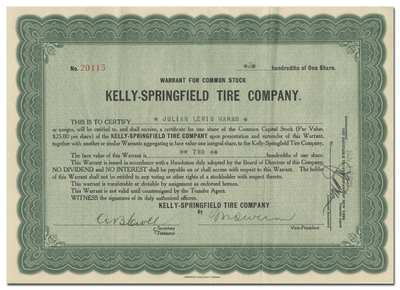 Kelly-Springfield Tire Company Stock Certificate