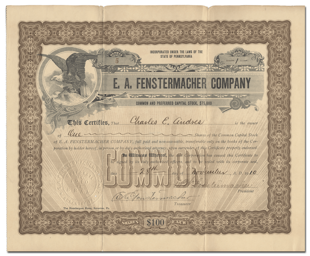 E. A. Fenstermacher Company Stock Certificate