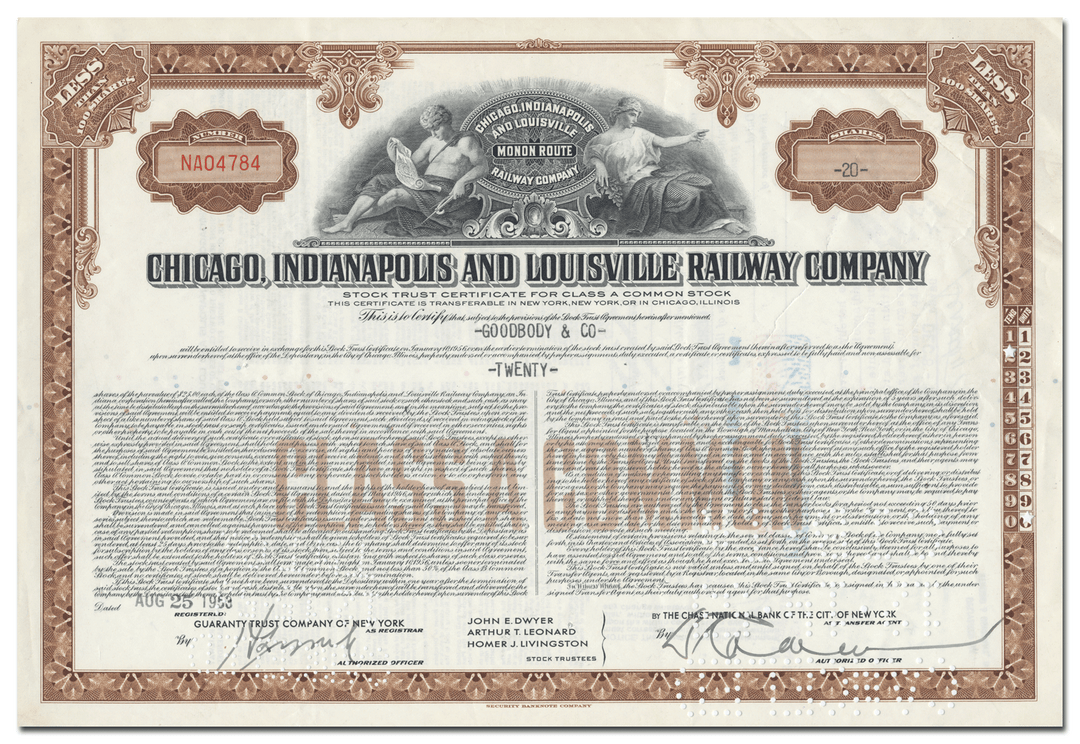 Chicago, Indianapolis and Louisville Railway Company Stock Certificate