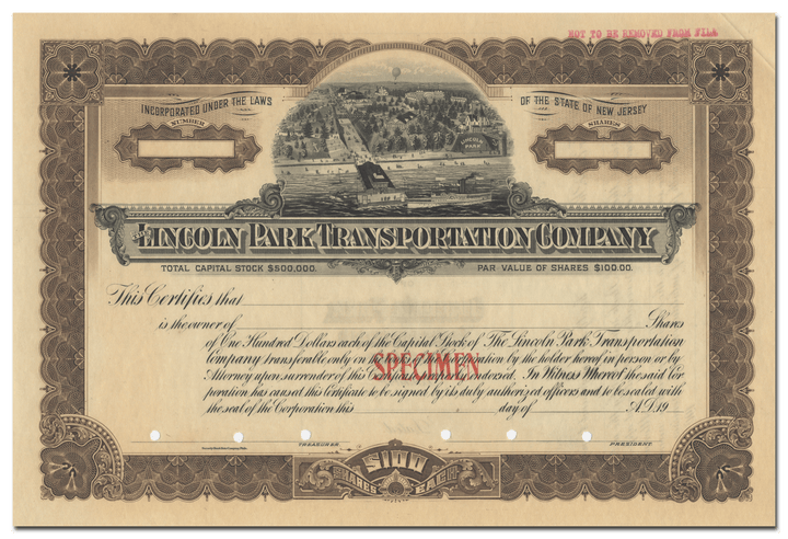 Lincoln Park Transportation Company Specimen Stock Certificate