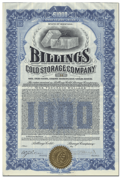 Billings Cold Storage Company Bond Certificate