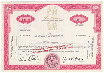 Four Seasons Nursing Centers of America, Inc. Stock Certificate