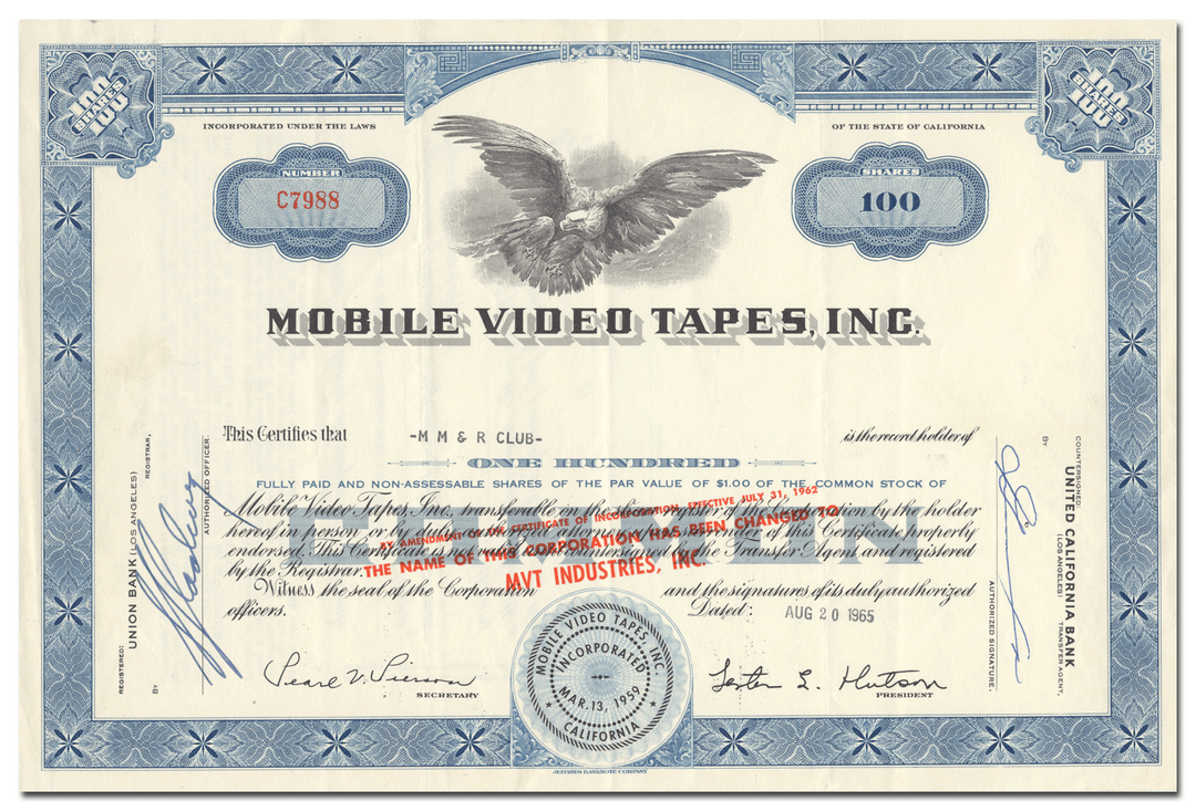 Mobile Video Tapes, Inc. Stock Certificate