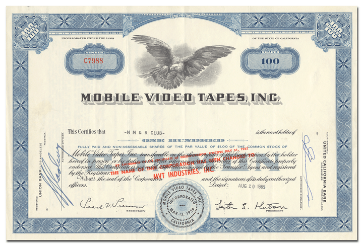 Mobile Video Tapes, Inc. Stock Certificate