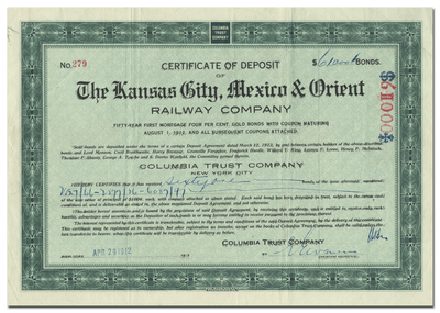 Kansas City, Mexico & Orient Railway Company Certificate of Deposit