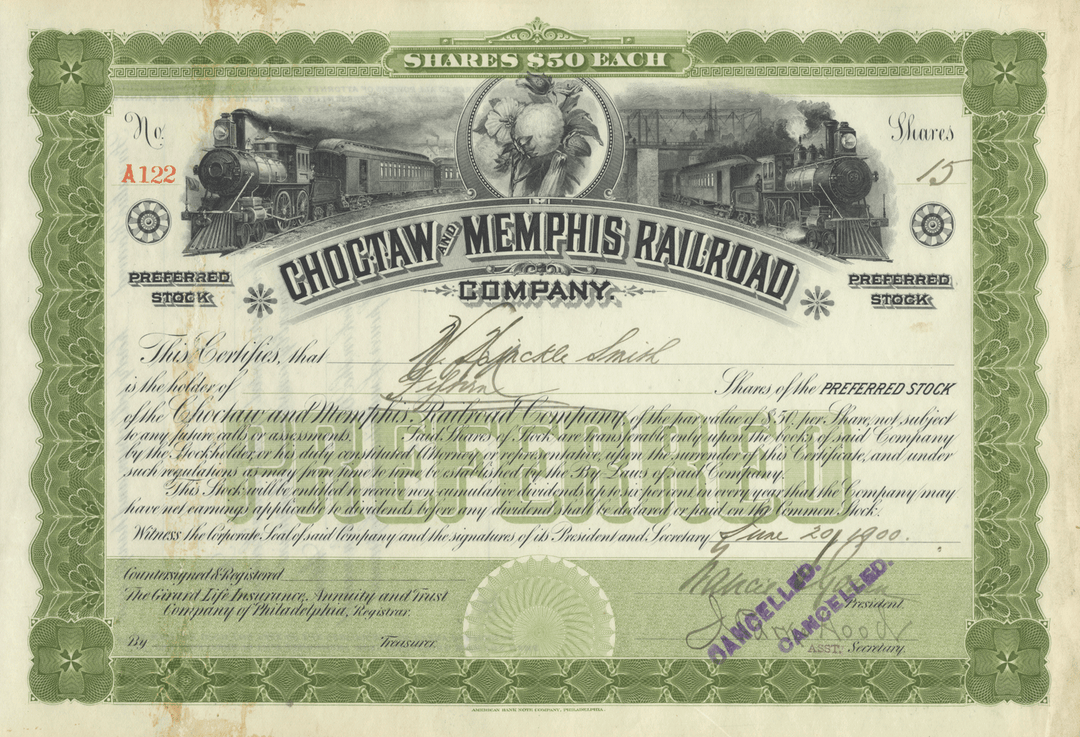 Choctaw and Memphis Railroad Company Stock Certificate