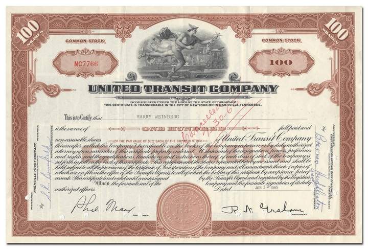United Transit Company Stock Certificate
