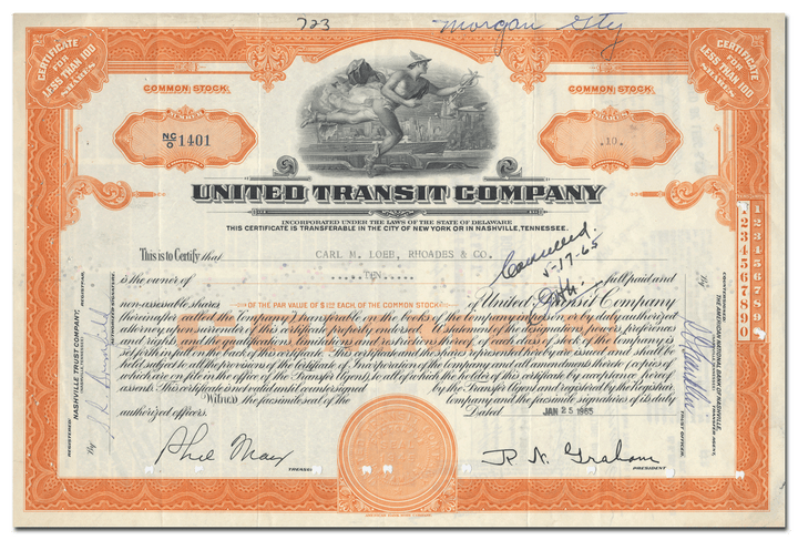 United Transit Company Stock Certificate