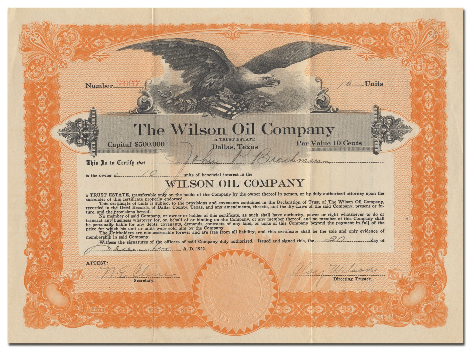 Wilson Oil Company Stock Certificate Ghosts of Wall Street