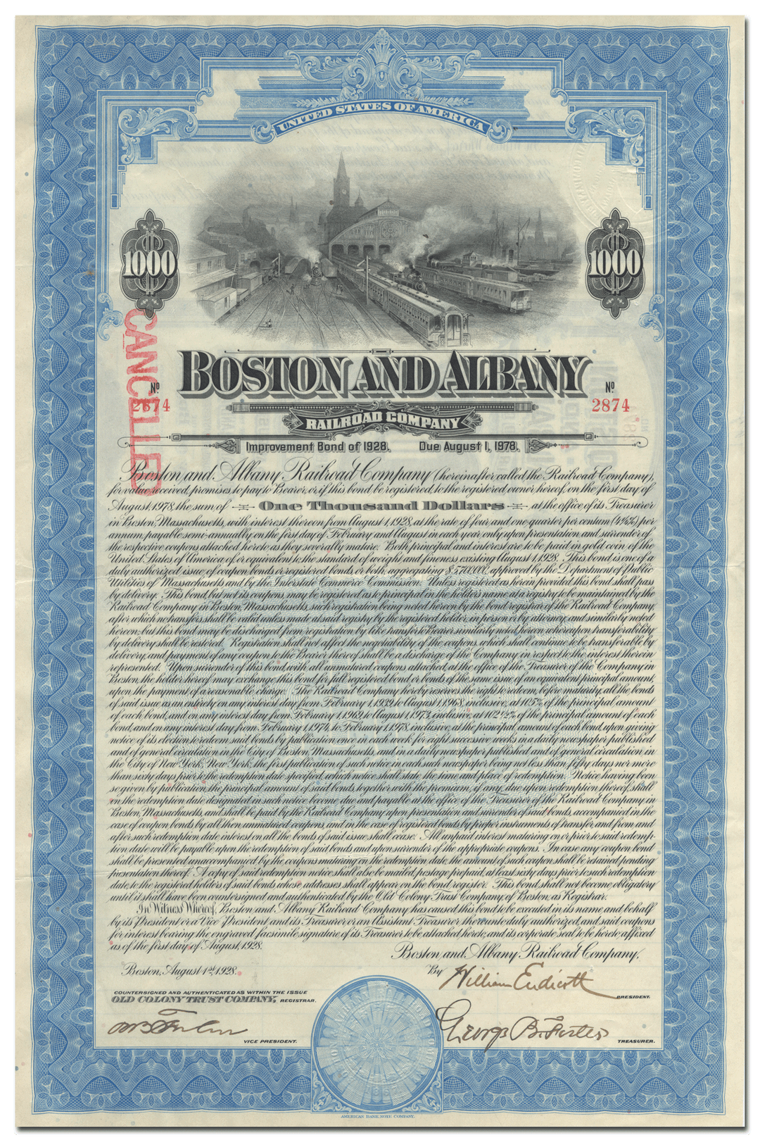 Boston and Albany Railroad Company Bond Certificate