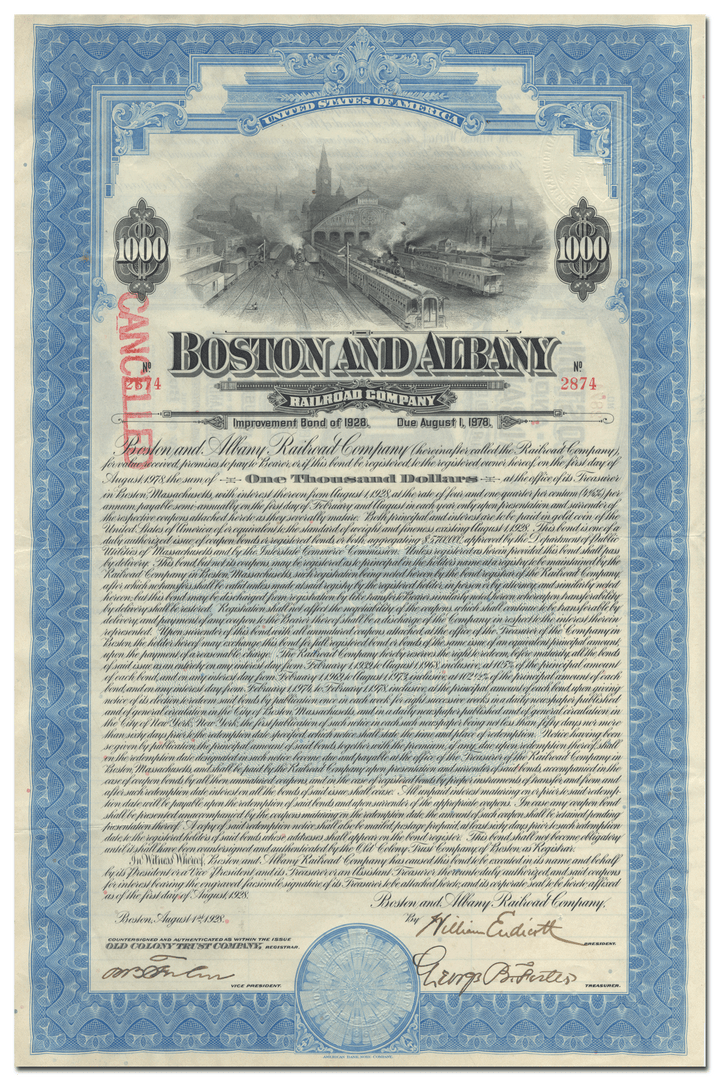 Boston and Albany Railroad Company Bond Certificate