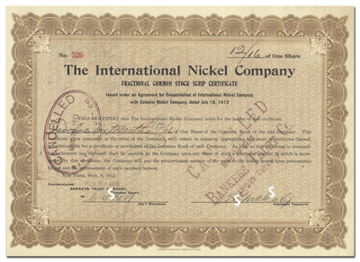 International Nickel Company Stock Certificate