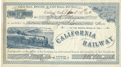 California Railway Stock Certificate