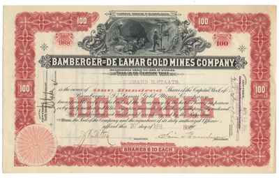 Bamberger-De Lamar Gold Mines Company Stock Certificate Signed by Simon Bamberger