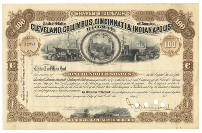 Cleveland, Columbus, Cincinnati & Indianapolis Railway Company Stock Certificate Signed by John Henry Devereux