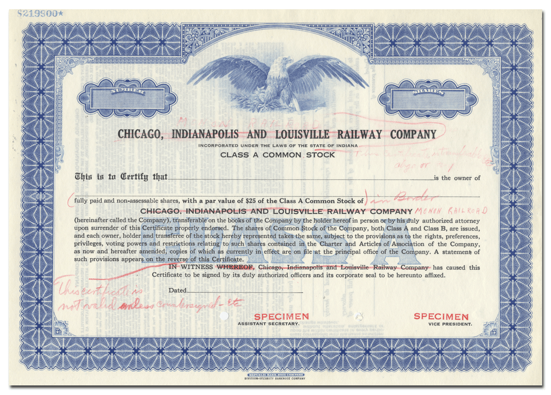 Chicago, Indianapolis and Louisville Railway Company Specimen Stock Certificate