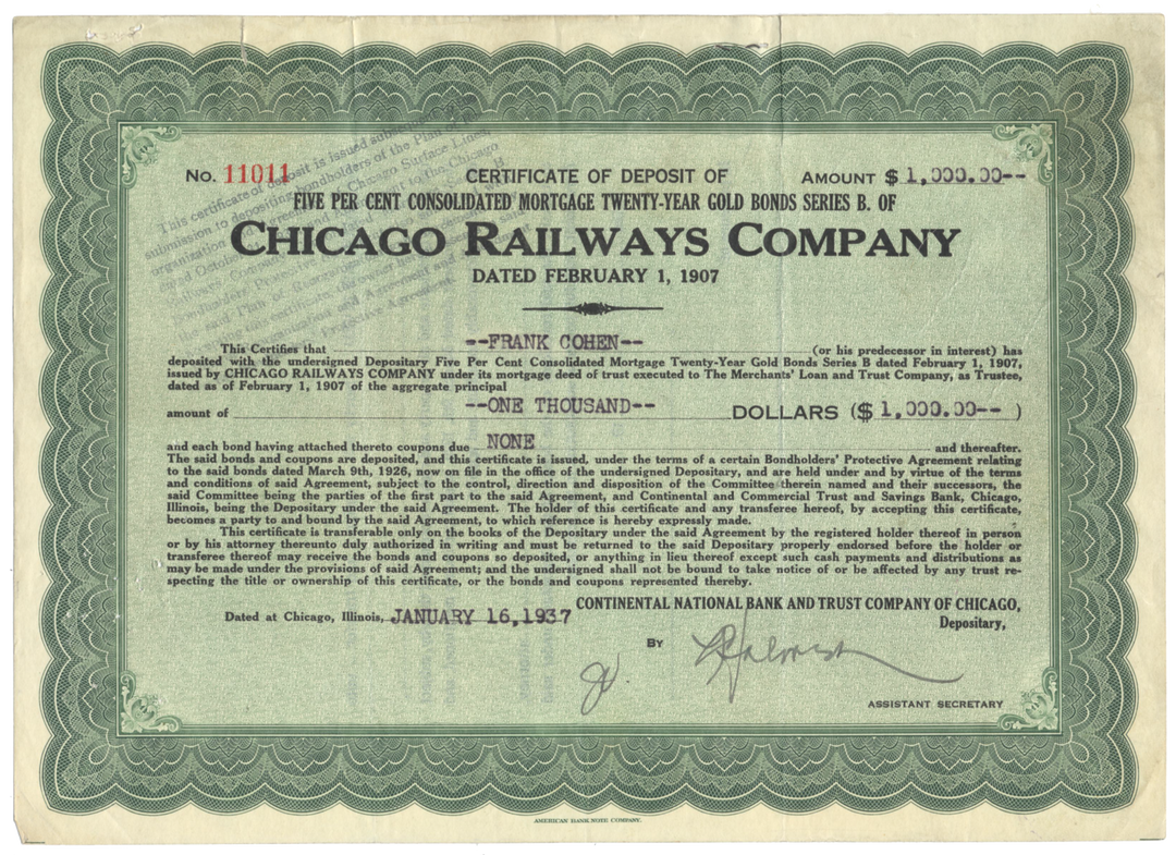 Chicago Railways Company Stock Certificate