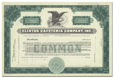 Clinton Cafeteria Company, Inc. Stock Certificate