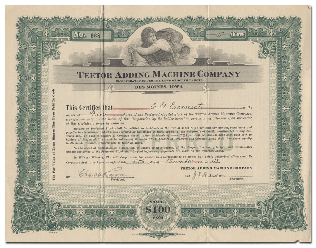 Teetor Adding Machine Company Stock Certificate