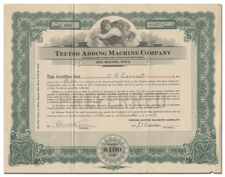 Teetor Adding Machine Company Stock Certificate