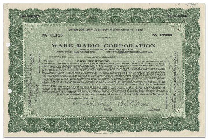 Ware Radio Corporation Stock Certificate