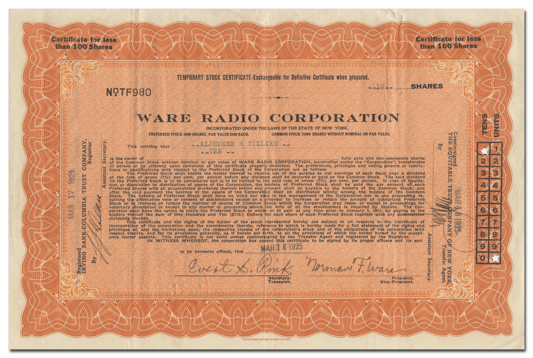 Ware Radio Corporation Stock Certificate