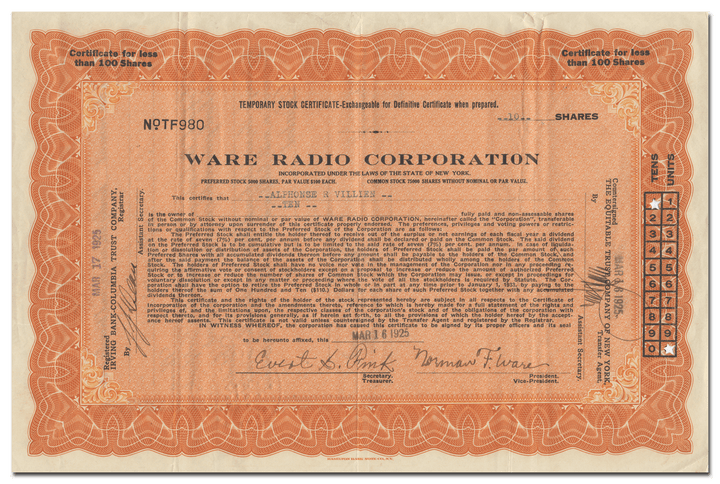 Ware Radio Corporation Stock Certificate