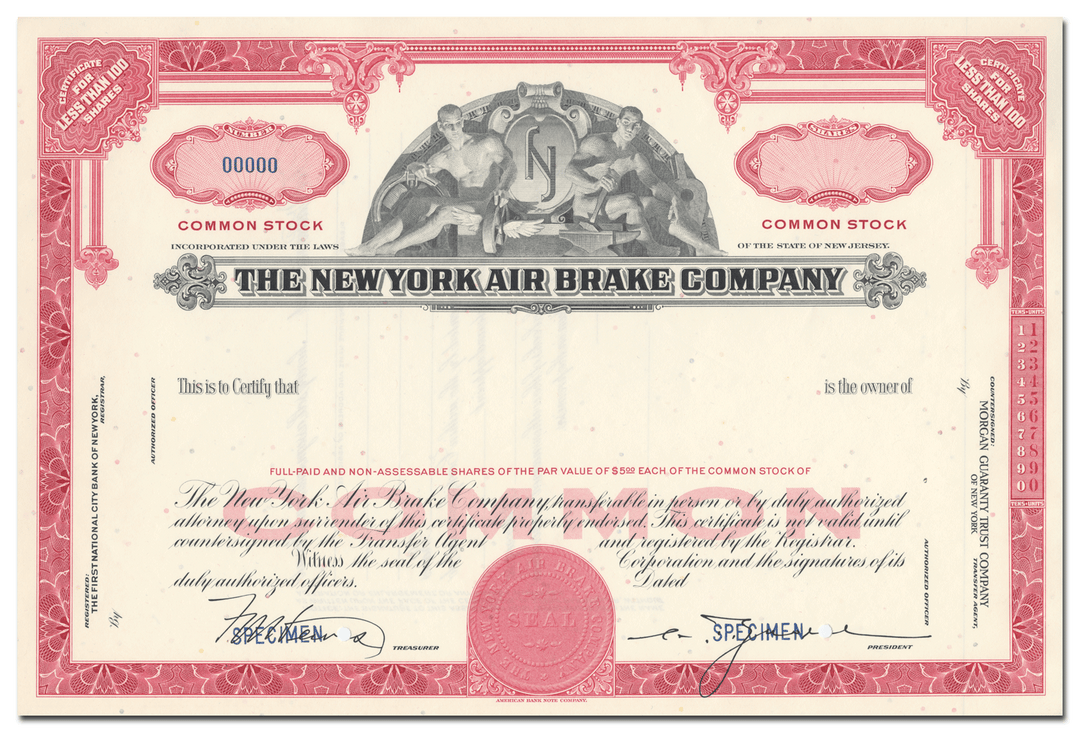 New York Air Brake Company Specimen Stock Certificate