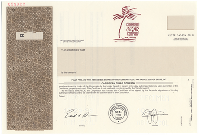 Caribbean Cigar Company Specimen Stock Certifcate